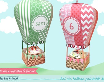 hot air balloon  -  mini cupcake and favor box, holds candy & treats, party centerpiece mobile printable PDF kit - INSTANT download