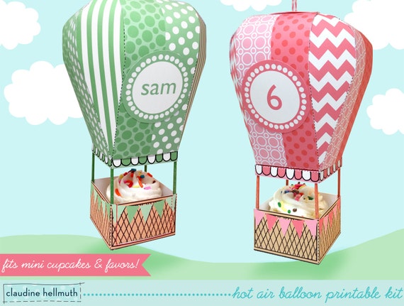 hot air balloon - mini cupcake and favor box, holds candy & treats, party centerpiece mobile printable PDF kit - INSTANT download Il_570xn