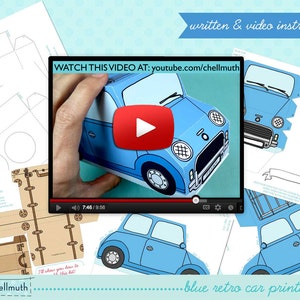 blue retro car cupcake box holds cookies and treats, gift and favor box, party centerpiece printable PDF kit INSTANT download image 5