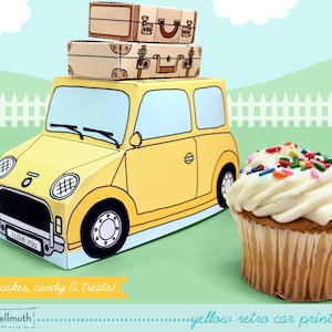 yellow retro car -  cupcake box holds cookies and treats, gift and favor box, party centerpiece printable PDF kit - INSTANT download