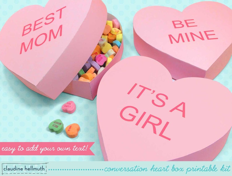 conversation heart gift boxes fits candy, cookies, favors and treats with customizable text PDF kit INSTANT download image 3