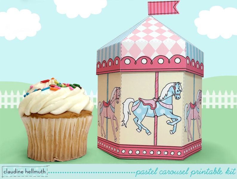 pastel carousel -  cupcake box also holds cookies and party favors, table centerpiece printable PDF kit - INSTANT download 