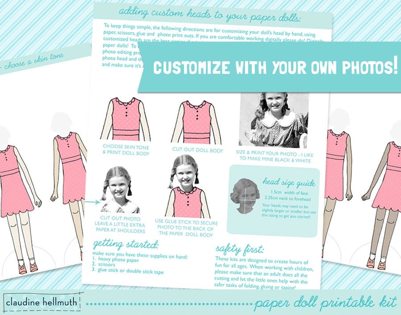 FULL FAMILY SET paper dolls easy for you to customize with your own photos printable pdf instant download image 3