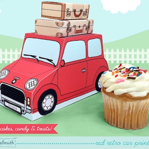 red retro car -  cupcake box holds cookies and treats, gift and favor box, party centerpiece printable PDF kit - INSTANT download