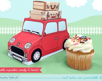 red retro car -  cupcake box holds cookies and treats, gift and favor box, party centerpiece printable PDF kit - INSTANT download