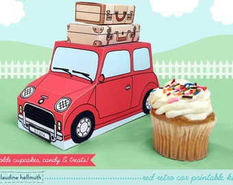 red retro car -  cupcake box holds cookies and treats, gift and favor box, party centerpiece printable PDF kit - INSTANT download