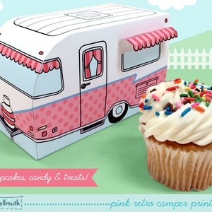 May include: A printable kit for a pink retro camper shaped box. The box is designed to hold cupcakes, candy, or treats. The image shows a cupcake with white frosting and colorful sprinkles.
