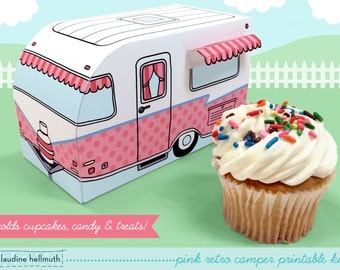 pink retro camper -  cupcake box holds cookies and treats, gift and favor box, party centerpiece printable PDF kit - INSTANT download