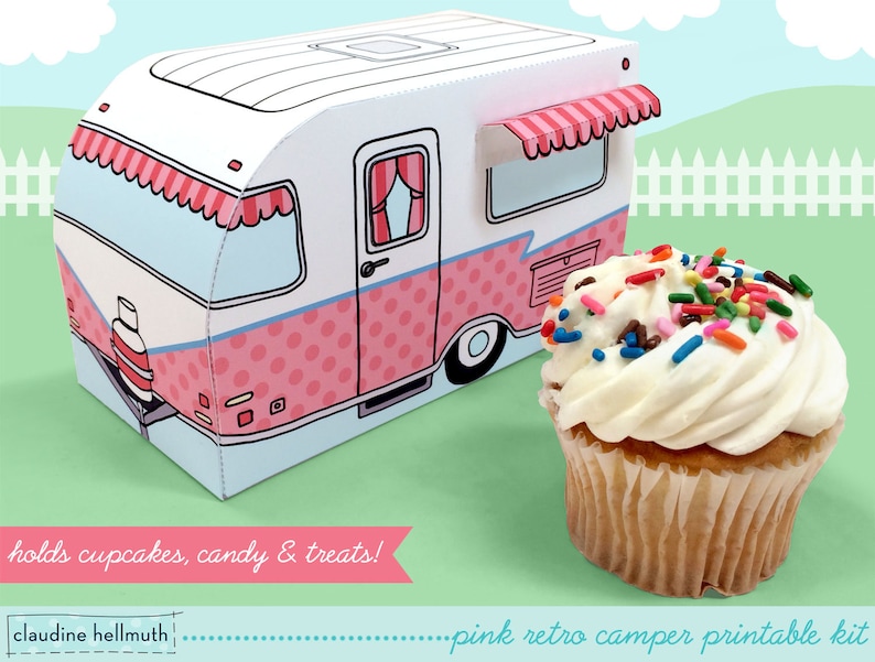 pink retro camper cupcake box holds cookies and treats, gift and favor box, party centerpiece printable PDF kit INSTANT download image 1