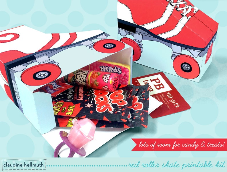 red roller skates favor boxes fit gift cards, candy, cookies and more party printable PDF kit INSTANT download image 2