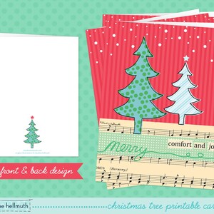 May include: Printable Christmas card kit featuring two stylized Christmas trees on a red and white striped background with the text "Merry" and "comfort and joy".
