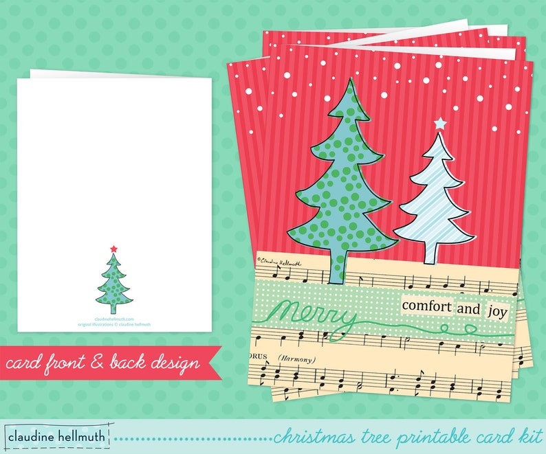 May include: Printable Christmas card kit featuring two stylized Christmas trees on a red and white striped background with the text "Merry" and "comfort and joy".