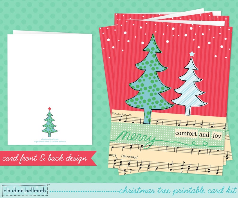 christmas card printable kit whimsical christmas trees greeting card printable INSTANT download PDF image 2