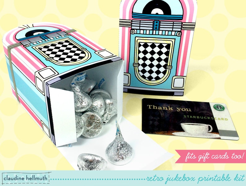 retro jukebox favor box holds candy, gift cards and treats party printable PDF kit INSTANT download image 2
