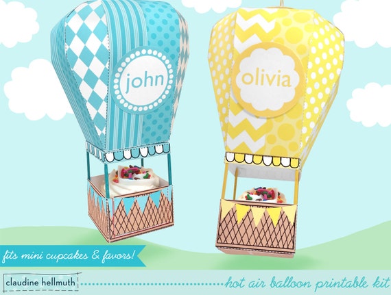 hot air balloon - mini cupcake and favor box, holds candy & treats, party centerpiece mobile printable PDF kit - INSTANT download Il_570xn