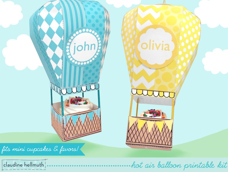 hot air balloon mini cupcake and favor box, holds candy & treats, party centerpiece mobile printable PDF kit INSTANT download image 1