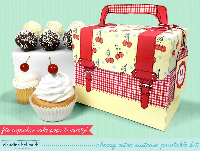 retro cherry cake pop and cupcake box - holds cookies, candy, party treat and favor box, printable PDF kit - INSTANT download 