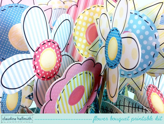 folk art flower bouquet - party centerpiece decoration for spring, Mother's Day, birthday - printable PDF - INSTANT download Il_570xn