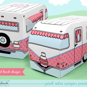 pink retro camper cupcake box holds cookies and treats, gift and favor box, party centerpiece printable PDF kit INSTANT download image 3