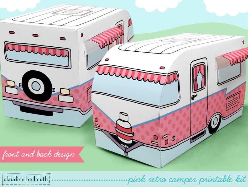 pink retro camper cupcake box holds cookies and treats, gift and favor box, party centerpiece printable PDF kit INSTANT download image 3