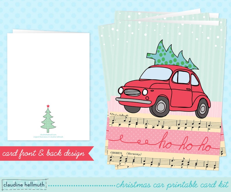 christmas card printable kit red retro car with tree holiday greeting card printable INSTANT download PDF image 2