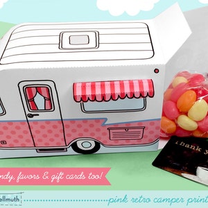 pink retro camper cupcake box holds cookies and treats, gift and favor box, party centerpiece printable PDF kit INSTANT download image 4