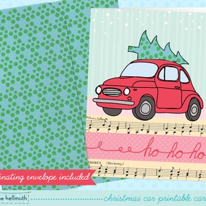 Kerstkaart afdrukbare kit - rode retro auto met boom vakantie wenskaart afdrukbare INSTANT download PDF