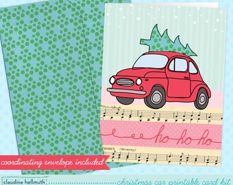 kit imprimible de tarjeta de Navidad - coche retro rojo con tarjeta de felicitación de vacaciones de árbol imprimible descarga instantánea PDF