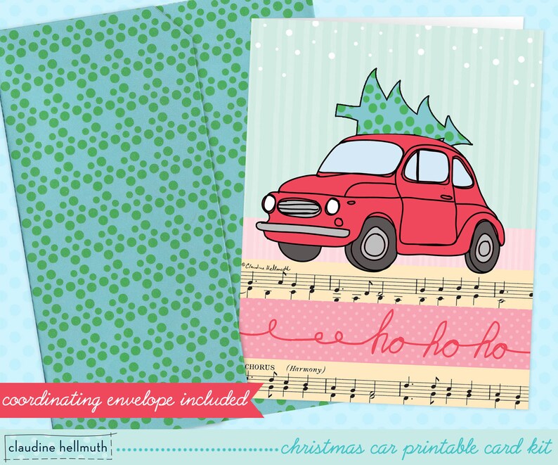 christmas card printable kit red retro car with tree holiday greeting card printable INSTANT download PDF image 1