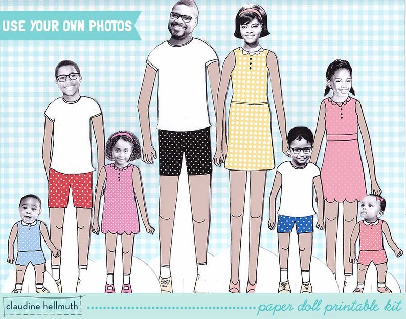 FULL FAMILY SET paper dolls easy for you to customize with your own photos printable pdf instant download image 2