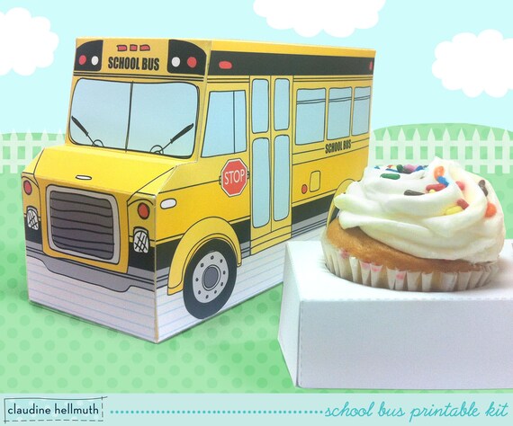 school bus - cupcake box, cookie, teacher appreciation gift box, party favor centerpiece printable PDF kit - INSTANT download Il_570xn