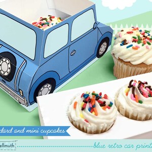 blue retro car cupcake box holds cookies and treats, gift and favor box, party centerpiece printable PDF kit INSTANT download image 2