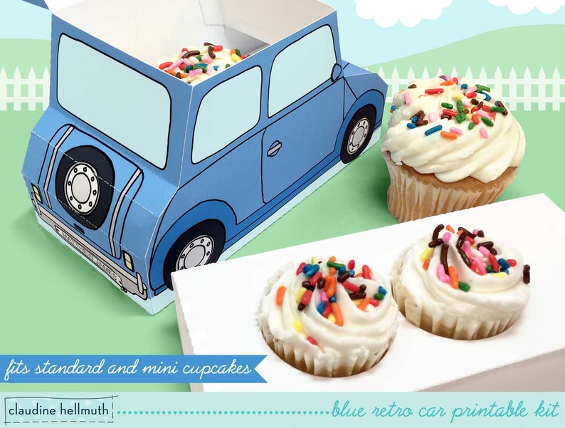 blue retro car cupcake box holds cookies and treats, gift and favor box, party centerpiece printable PDF kit INSTANT download image 2