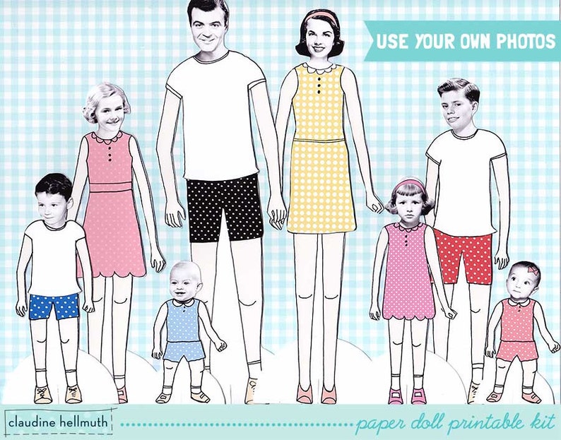 FULL FAMILY SET paper dolls easy for you to customize with your own photos printable pdf instant download image 1