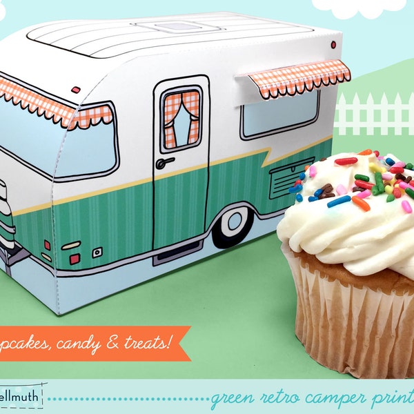 green retro camper -  cupcake box holds cookies and treats, gift and favor box, party centerpiece printable PDF kit - INSTANT download