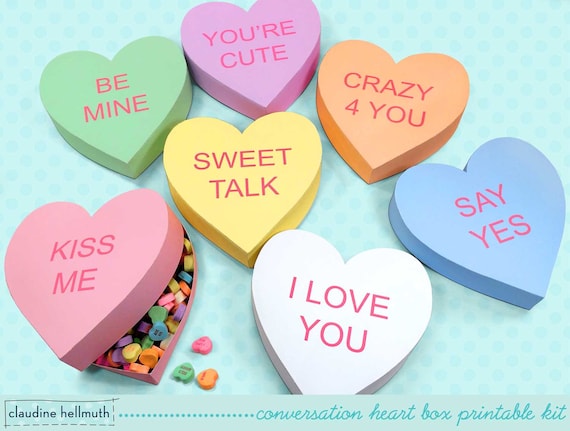 Conversation Heart Gift Boxes Fits Candy, Cookies, Favors and Treats With  Customizable Text PDF Kit INSTANT Download 