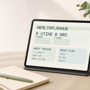 Puede incluir: Una tableta que muestra una interfaz de planificador de salud digital titulada HEALTHPLANHUB con secciones para ROUTINE BOARD, MORNING, EVENING, HABIT TRACKER y RESET PLAN. La pantalla tiene un fondo verde claro con texto oscuro en píxeles.