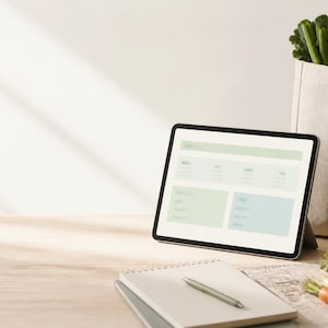 Puede incluir: Una tableta que muestra una interfaz digital con secciones rectangulares en verde claro y azul, junto a un cuaderno de espiral, un bolígrafo, una bolsa de tela con verduras frescas y un cuenco con productos agrícolas.