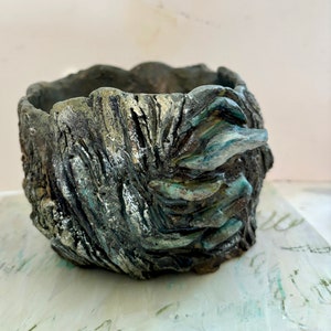 Hand built kiln fired clay faux bois bowl pot dish