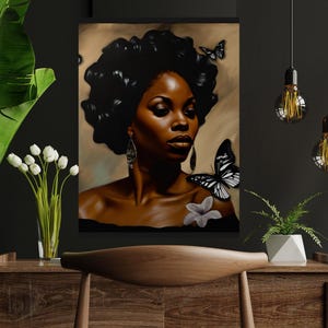 Black Woman Art with Black Butterflies | African America Art| Black Art | Black Woman Art| Black Art | Matte Vertical Painting