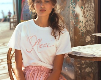 Merci T-Shirt: Watercolor French Quote, Parisian Style Cotton Tee
