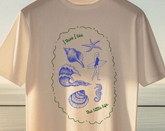 Beach Tattoo Style Shirt: Retro Seashells, Starfish, Surfer Girl