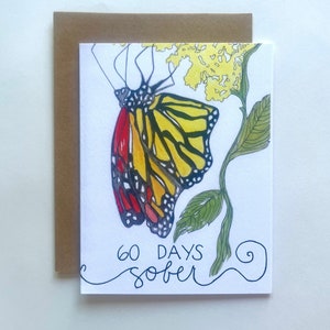 Carte de voeux monarque sobre 60 jours, reconnaissance de la sobriété, étape importante de la sobriété, cadeau de récupération, carte de la sobriété faite main, carte de la sobriété aquarelle