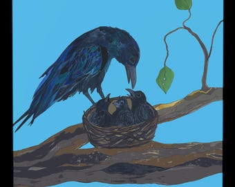 May include: A digital illustration of a dark blue and black crow perched on a brown tree branch, feeding three small, dark-colored chicks nestled in a woven brown nest against a bright light blue background with a small green-leafed twig.