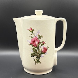 Maruka Minamiyama Seitosho Ceramic Electric Tea Kettle, 1970s White Porcelain Pink Roses Complete Set, Retro Kitchen Appliance