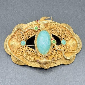 Antique Gilt Brass Sash Pin – Victorian Edwardian Era, Glass Stones & Filigree Birds