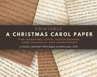 Pode incluir: Papel de cânticos de Natal imprimível para embrulho de presentes, quadros de visão, junk journals e scrapbooks. O design apresenta papel envelhecido com texto manuscrito, ideal para artesanato. Inclui 4 páginas, download PDF instantâneo.
