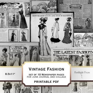 Pode incluir: Uma coleção de páginas de jornais de moda vintage, com ilustrações de roupas e chapéus femininos. As páginas incluem texto como "Vintage Fashion" e "Printable PDF". As páginas medem 21,59 cm x 27,94 cm.