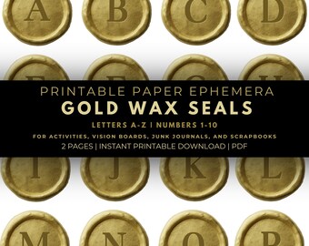 Goldene Wachssiegel Ephemera: Ausdruckbar A-Z und 1-10 (Digitaler Download PDF)