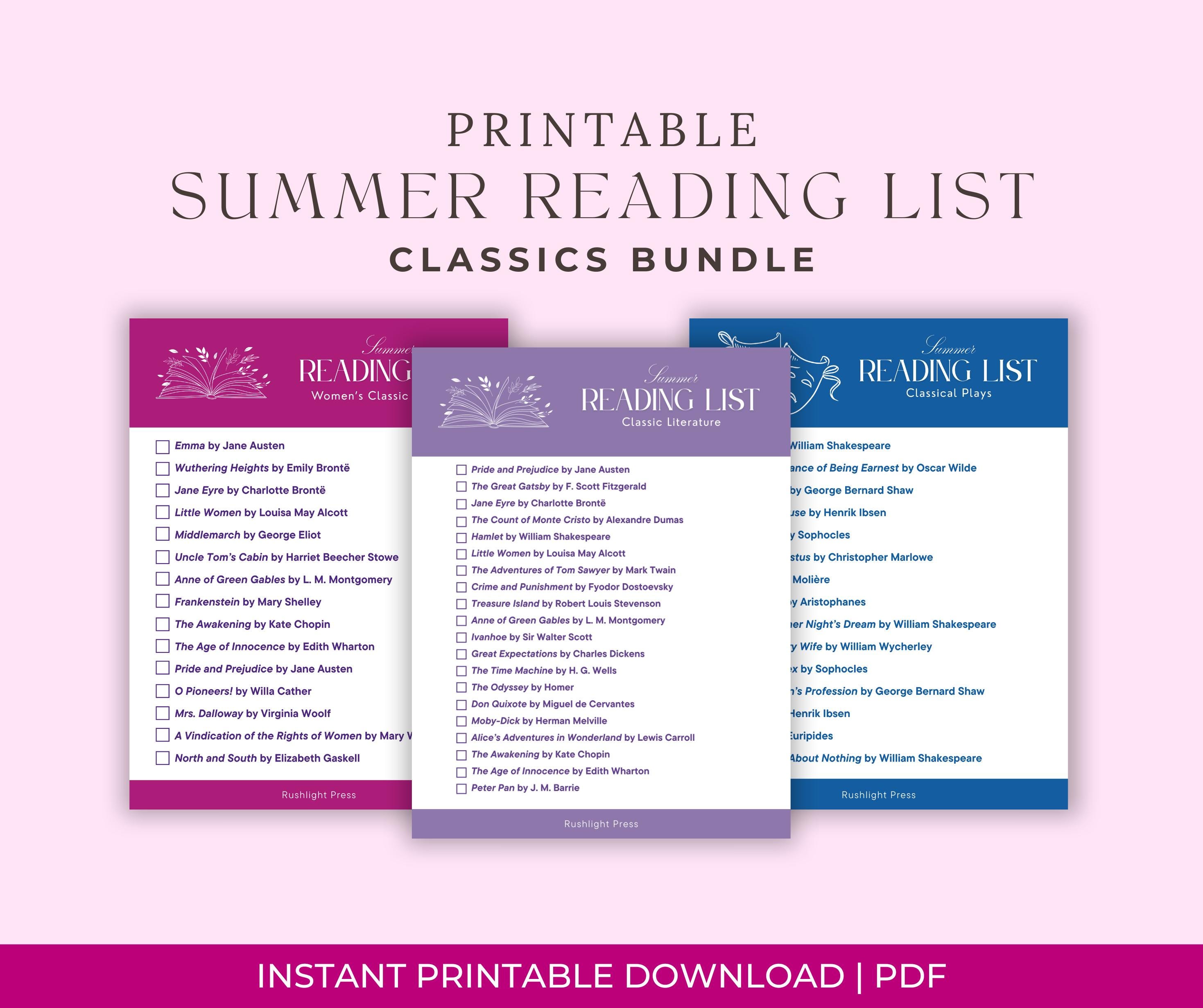Summer Reading Lists - Classics Bundle - Women's Classic Literature - Classical Plays - Classic Literature - Summer Vacation Book List PDF